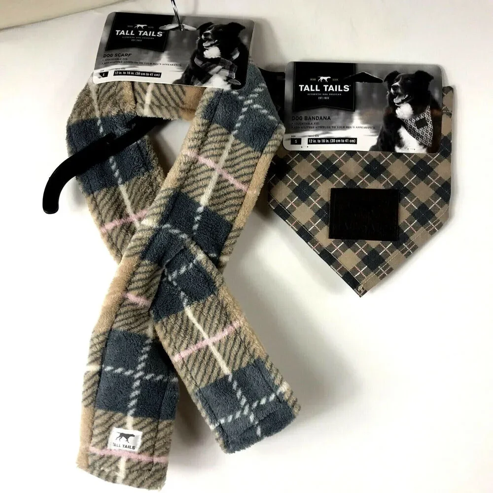 Tall Tails Fleece SCARF And BANDANA SET Tan/Gray PLAID Small 12-16” Winter
